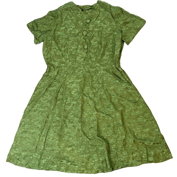 Vintage Dresses & Skirts - Vintage Green Jacquard Fit & Flare Dress Leaf Print Covered Buttons XL